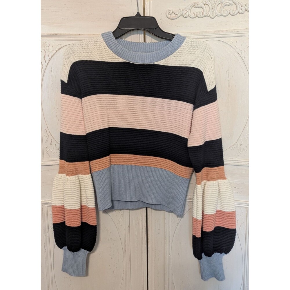 Boutique Color Block Striped Sweater Cropped Balloon Sleeve-Sz SM-PINK NAVY KNIT